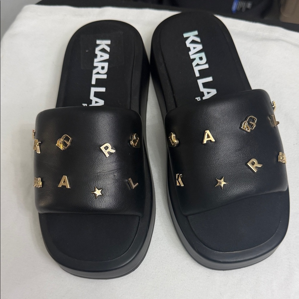 Karl Lagerfeld Black and Gold Platform Slides
